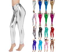 Legging pour femme - Argenté métallisé brillant - Pantalon années 80 avec taille haute - Legging brillant - Jupe de fête - Costume disco - Carnaval - Pantalon métallique à paillettes - Legging doré,