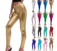 Legging pour femme - Argenté métallisé brillant - Pantalon années 80 avec taille haute - Legging brillant - Jupe de fête - Costume disco - Carnaval - Pantalon métallique à paillettes - Legging doré,