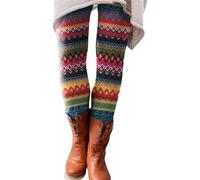 Legging pour femme - Multicolore - En coton - Taille haute - Legging thermique - Coupe ajustée - Motif tricoté nordique - Élégant legging tricoté - Fair Isle - Pantalon à enfiler extensible, rose, XXL