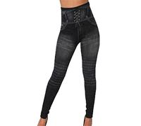Legging Skinny en Jean pour Femme Pantalon en Denim sans Couture Taille Haute Collants élastiques Taille Plus Coupe Slim (Le Noir,L)