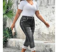 Leggings capri élastiques en dentelle à effet denim contrasté, mode décontractée et quotidienne, grande taille 0XL,1XL,2XL,3XL,4XLFausse impressionTissu tricoté