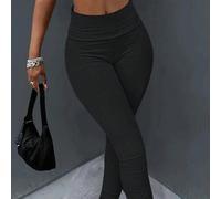 Leggings côtelés haute taille, couleur unie. Casual ruché, printemps/automne. Fente jambe évasée naturelle extra longue, coupe régulière noire. Pantalon femme pour port quotidien casual L,M,S,XSUnicol
