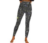 Leggings Métalliques Femmes Paillettes Argentées Pantalon Rouge Paillette pour Fête Disco Rave Dance Clubwear 70s, Noir cendré., XXL