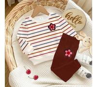 Leggings rayés colorés et marron chocolat, imprimé floral mignon, ensemble de sweat-shirt à col ras-du-cou manches longues et leggings décontractés en doux pour bébé fille, pour la vie quotidienne, la