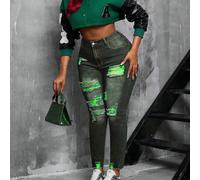 Leggings sexy skinny déchirés colorés en maille extensible taille haute pour grande taille 0XL,1XL,2XL,3XL,4XLTout ImpriméJean