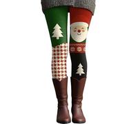 Leggings tricotés imprimés de Noël pour femme Motif Père Noël et arbre noir Fond noir Extensible Chaud Opaque Collants de jogging pour les fêtes, Rouge, M