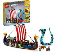 LEGO® 31132 Creator 3-en-1 Le Bateau Viking et le Serpent de Midgard, Jouet Transformable en Maison avec un Dragon ou un Loup