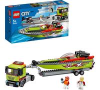 LEGO 60254 City Bateau de course-transporteur Camion-jouet avec remorque et bateau rapide, jouet de bain flottant pour les enfants de 5 à 7 ans