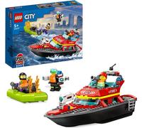 LEGO 60373 City Bateau de pompiers, jouet qui flotte dans l'eau, avec bateau de course, 3 minifigures et jetpack, jouet bateau de pompiers idée cadeau pour garçons et filles à partir de 5 ans