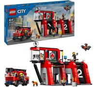 LEGO 60414 City La Caserne et le Camion de Pompiers, Jouet de Figurine de Chien et 5 Minifigurines, Cadeau Enfants