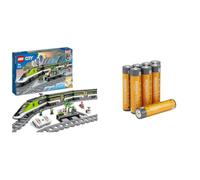 LEGO City Le Train de Voyageurs Express - Jouet Train Télécommandé avec Phares Fonctionnels, 2 Wagons, 24 Rails & 6 Minifigurines + Piles: Amazon Basics Pack of 8 x AAA