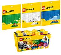 Lego Classic Lot de 4 blocs de construction 10696 taille moyenne, panneau vert 11023, bleu 11025 et plaque blanche 11026