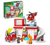 LEGO Duplo La Caserne Et L’Hélicoptère des Pompiers - Jouet Camion Push & Go - Jeux Construction Enfant 2 Ans - Larges Briques pour Faciliter la Motricité Fine - Idée Cadeau Garçon et Fille 10970