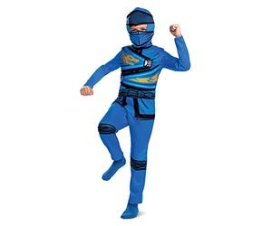 LEGO Ninjago - Costume Jay Ninjago Bleu pour Enfants - Taille 4/6 Ans - Licence Officielle - Combinaison + Masque - Textile Doux - Imprimés Détaillés - Déguisement pour Fêtes, Anniversaires, Haloween