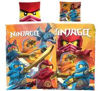 Lego Ninjago Movie Battle Parure de lit pour enfant - 135 x 200 cm + 80 x 80 cm - 100 % linon de coton - Cole - Jay - Kai - Lloyd - Zane - NYA - Misako - Sensei Wu - Renforcé - Taille allemande -
