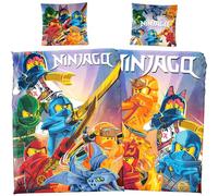 Lego Ninjago Parure de lit avec housse de couette 135 x 200 cm et taie d'oreiller 80 x 80 cm - 100 % coton renforcé Motif réversible Lloyd Kai Jay Arin Sora & Dragon Ryu pour enfant garçon Cadeau avec