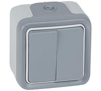 Legrand 069715 Double Interrupteur ou va-et-vient Étanche, Plexo Complet Saillie, 10AX, 250V, Gris