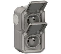 LEGRAND Double prise de courant avec terre étanche précâblée avec volet Plexo - 16A 250V - Gris