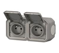 LEGRAND - Prise Etanche Double IP55 avec Terre Plexo - Prise 2P+T 16A Complète avec Volet - Pour Pose en Apparent - Montage Horizontal - Fabriqué En France - Gris