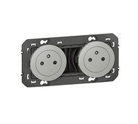 LEGRAND Double prise de courant, Dooxie, 2x2P+T, 16A 230V, aluminium | 2 prises 2P+T, finition aluminium RAL 7040, encastré, 16A 230V, bornes automatiques, éclips de protection enfant