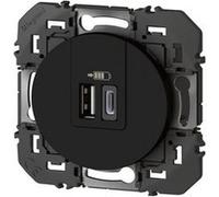 Legrand Prise double chargeur dooxie USB-A + USB-C 3A/15W – Conforme CEE – Repiquage 2P+T Noir