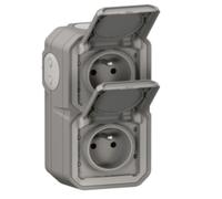 Legrand – Prise étanche double Plexo 2P+T 16A IP55, volet, montage vertical, gris