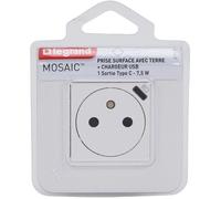 LEGRAND - Prise Electrique Murale Précâblée + Chargeur USB-C Mosaic Surface avec Plaque de Finition + Support Batibox - Prise Affleurante avec Fond Rétractable - Blanc