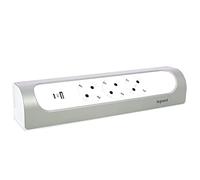 LEGRAND, Multiprise d'angle coudée à 45° - 3 prises - Connexion USB-A et USB-C - 3000 mA - 5,0 V - 15 W MAX - Montage mural et sur table - Sans câble - Ultra blanc/aluminium - 694504