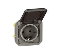 LEGRAND, Plexo New 069571L Prise pour pièces humides standard Schuko avec couvercle à charnière, protection tactile, bornes enfichables, 16 A, 250 V, IP44 - IK08 (IP55 avec couvercle fermé),