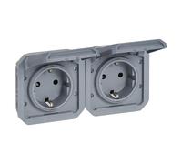 LEGRAND, Plexo New 069576L Prise pour pièces humides 2 prises Schuko standard avec couvercle à charnière, protection anti-contact, pré-câblée, horizon