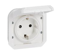 LEGRAND, Plexo New 069639L Prise pour pièces humides standard Schuko avec couvercle à charnière, protection anti-contact, bornes à vis, 16 A, 250 V, IP44 - IK08 (IP55 avec couvercle fermé), ultra