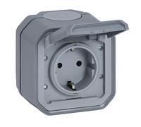 LEGRAND, Plexo New 069730L Prise murale en saillie pour pièces humides, norme Schuko, avec couvercle à charnière, protection anti-contact, bornes enfichables, 16 A, 250 V, IP44 - IK07, gris