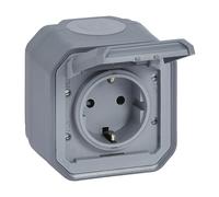 Legrand Prise Schuko Plexo New 069733L pour pièces humides – couvercle à charnière, 16A IP44, gris