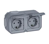 LEGRAND, Plexo New 069742L Double prise Schuko standard pour pièces humides, avec couvercle à charnière, protection contre les contacts, précâblée, bornes à enficher, horizontale, IP44 - IK07, couleur