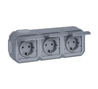 LEGRAND, Plexo New 069743L Triple prise Schuko standard pour pièces humides, avec couvercle à rabat, protection contre les contacts, bornes à fiche, pré-câblée, horizontale, IP44 - IK07, couleur :