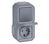 LEGRAND, Plexo New 069746L Interrupteur marche/arrêt universel pour pièces humides (1 pôle) et prise avec contact de protection (SL) avec couvercle à charnière, vert, IP44-IK07 (prise), IP55 - IK07