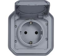 Legrand PLEXO New Prise apparente pour locaux humides avec couvercle rabattable, protection contre les contacts accidentels, bornes à fiches, IP44 gris, 069730L