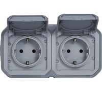Legrand PLEXO New prise de courant pour locaux humides, double avec couvercle rabattable, protection contre les contacts accidentels, précâblée, bornes à fiches, horizontale, IP44 gris, 069742L