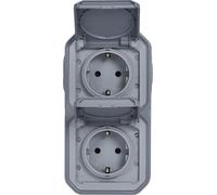 Legrand PLEXO New prise de courant pour locaux humides, double avec couvercle rabattable, protection contre les contacts accidentels, bornes à fiches, précâblée, verticale, IP44 gris, 069744L
