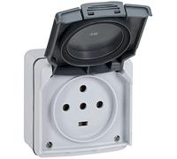 LEGRAND Prise 3P+N+T 20A IP55, Plexo, gris, saillie, étanche, IK08 | 20A, 400V, IP55, IK08, saillie, gris, plastique sans halogène, volet de protection, éclips enfant