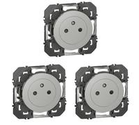 LEGRAND - Prise Electrique Murale 16A avec Terre dooxie Surface - Prise 2P + T Affleurante avec Fond Rétractable - Fabriqué En France - Alu (Lot de 3)