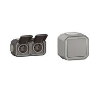 LEGRAND - Prise Etanche Double IP55 avec Terre Plexo - Prise 2P+T 16A Complète avec Volet & Interrupteur Mural Etanche Simple ou Va-et-vient 10A Plexo - Gris