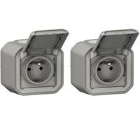 LEGRAND - Prise Etanche IP55 avec Terre Plexo - Prise 2P+T 16A Complète avec Volet - Pour Pose en Apparent - Gris (Lot de 2)