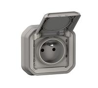 Prise de courant avec volet plexo complet encastre avec griffes - gris