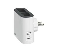 Legrand Fiche multiprise extra-plat – 2 prises latérales sans terre, USB-A+C – Blanc/Gris foncé
