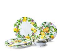 Lehaha Service de table en mélamine citron - 12 pièces pour intérieur et extérieur - Pour 4 personnes - Passe au lave-vaisselle - Incassable 12-21E065