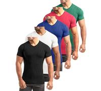 Lehmanlin Lot de 3/5 T-Shirts Sport pour Hommes-Col en V T-Shirt à Manches Courtes Fitness Séchage Rapide Respirant Running Gym Baselayer Haut (Noir/Blanc/Bleu/Rouge/Vert-S)