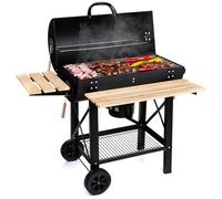 LEHMANN Barbecue Charbon de Bois avec Grille de Cuisson XL, avec Deux Étagères en Bois, Couvercle, Roulettes et Poignée non Chauffante, Barbecue à Charbon pour le Jardin, la Terrasse, le Camping
