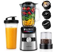 LEHMANN Blender avec Bol en verre 1,7 L, 10 Vitesse ajustable, Pulse et 3 Programmes : Smoothie, Milkshake, Glace pilée, Nettoyage facile, avec Bouteille Blend & Go et Moulin, 1400 W, Argent