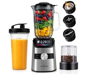 LEHMANN Blender avec Bol en Verre 1,7 L, 10 Vitesse Ajustable, Pulse et 3 Programmes - Smoothie, Milkshake, Glace Pilée, Nettoyage Facile, Bouteille Blend & Go et Moulin sans BPA, 1400 W, Argent